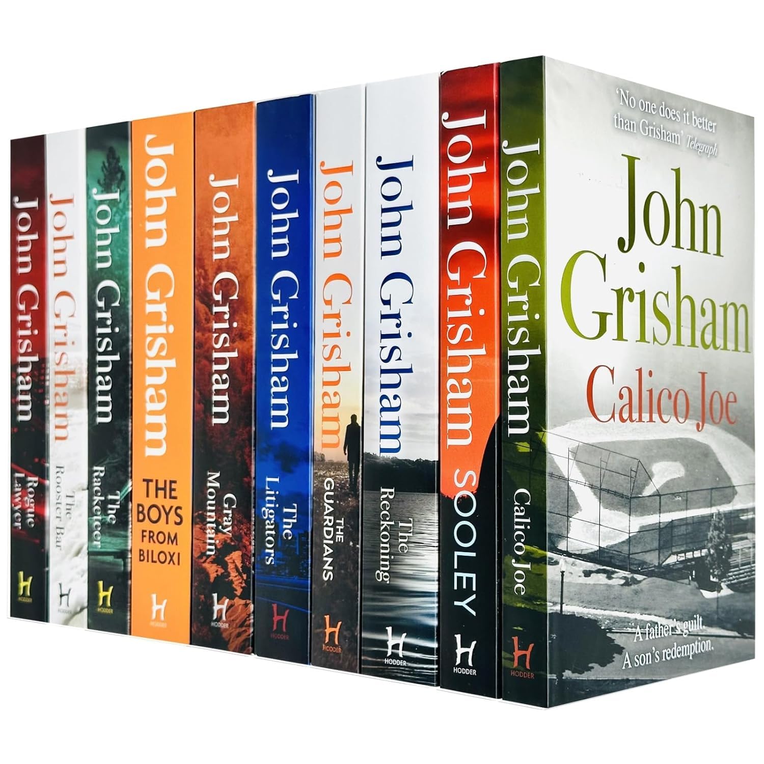 Front cover view of the John Grisham Collection 10 Books Set, brand new paperback legal thriller fiction box set