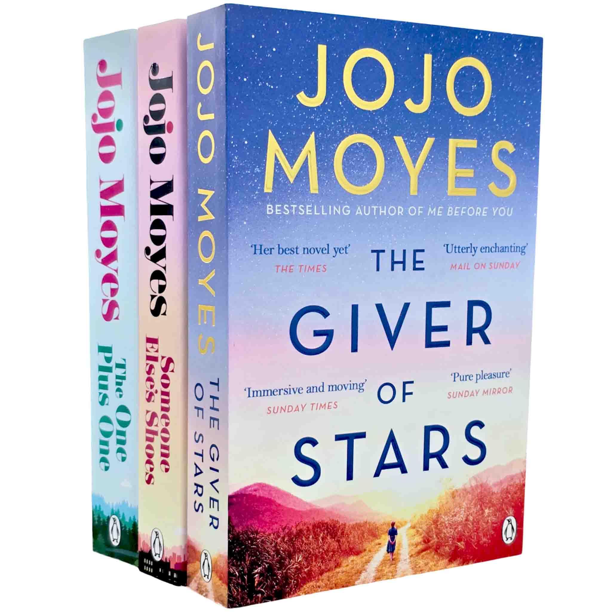 Front cover of Jojo Moyes 3 Books Collection Set paperback featuring The One Plus One, The Giver of Stars, and Someone Else's Shoes