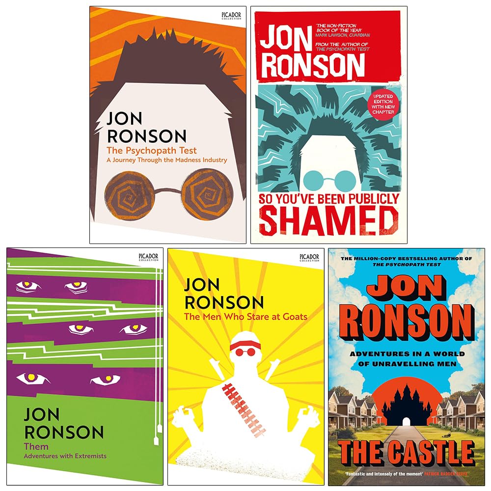 Jon Ronson 5 Books Collection Set front cover featuring The Psychopath Test, So You've Been Publicly Shamed, Them, The Men Who Stare At Goats and The Castle