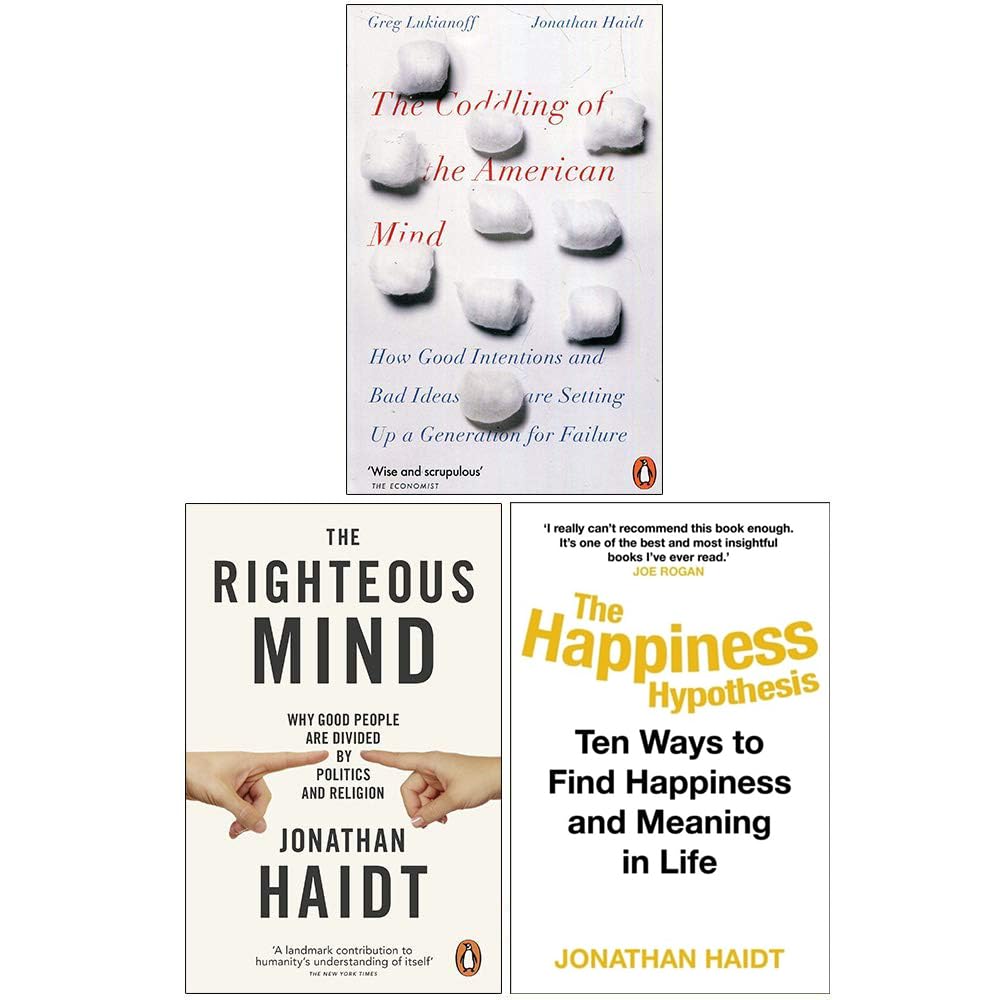 Jonathan Haidt 3 Books Collection Set paperback showing the front covers of The Happiness Hypothesis, The Righteous Mind, and The Coddling of the American Mind.