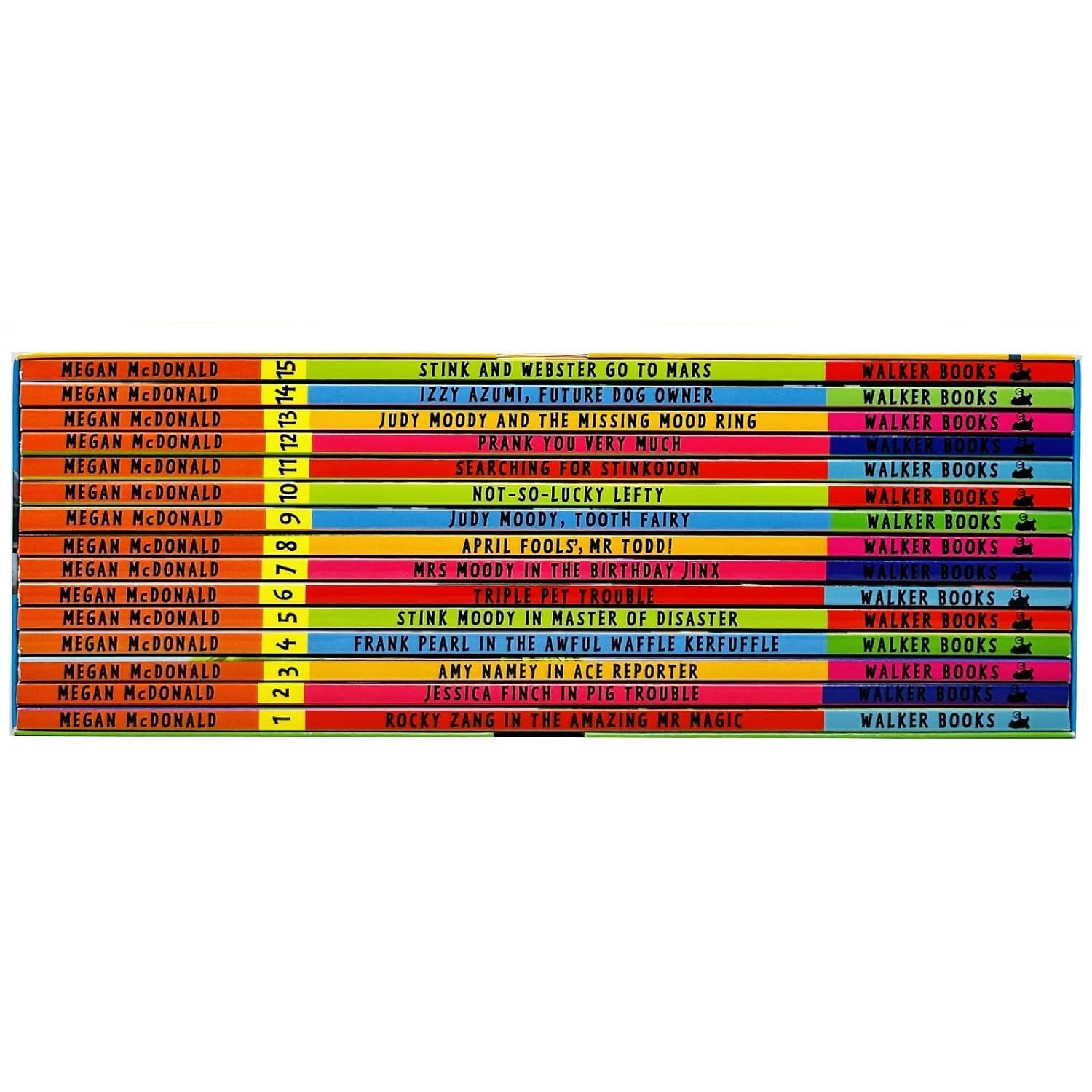 Judy Moody and Friends 15 book paperback set - all titles fanned out showing Rocky Zang, Jessica Finch, and Stink Moody covers