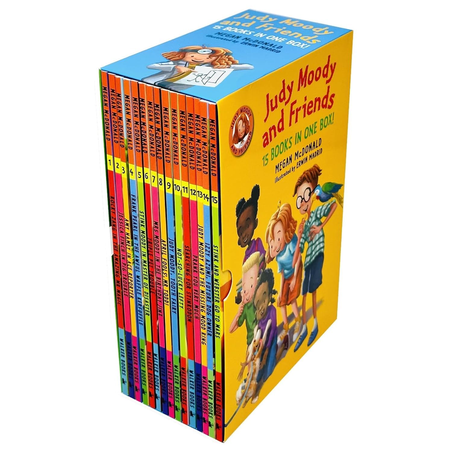 Judy Moody and Friends paperback box set stacked showing spines of all 15 titles by Megan McDonald