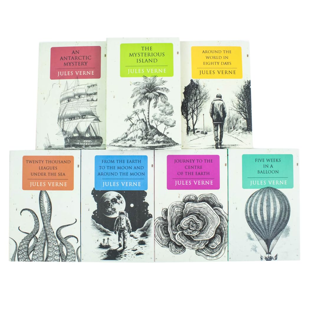 Full Jules Verne 7-book paperback set fanned out showing all seven classic adventure titles