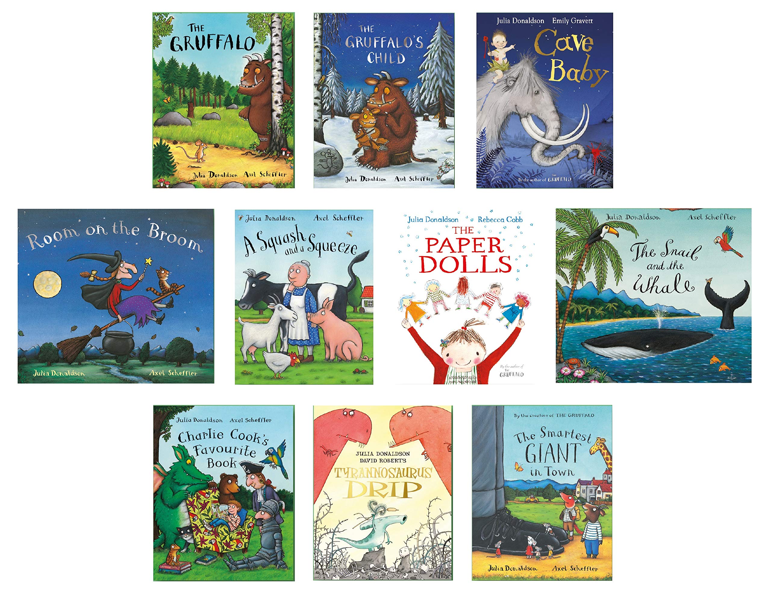 All 10 paperback books from the Julia Donaldson Collection fanned out, displaying colorful covers including Room on the Broom and The Snail and the Whale.