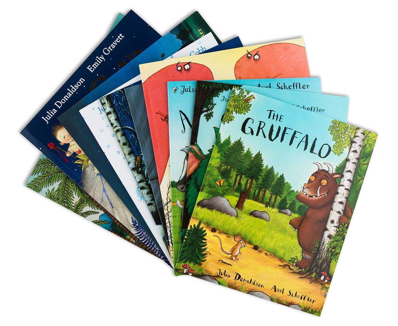 All ten Julia Donaldson paperback picture books fanned out including Cave Baby, Tyrannosaurus Drip and The Paper Dolls