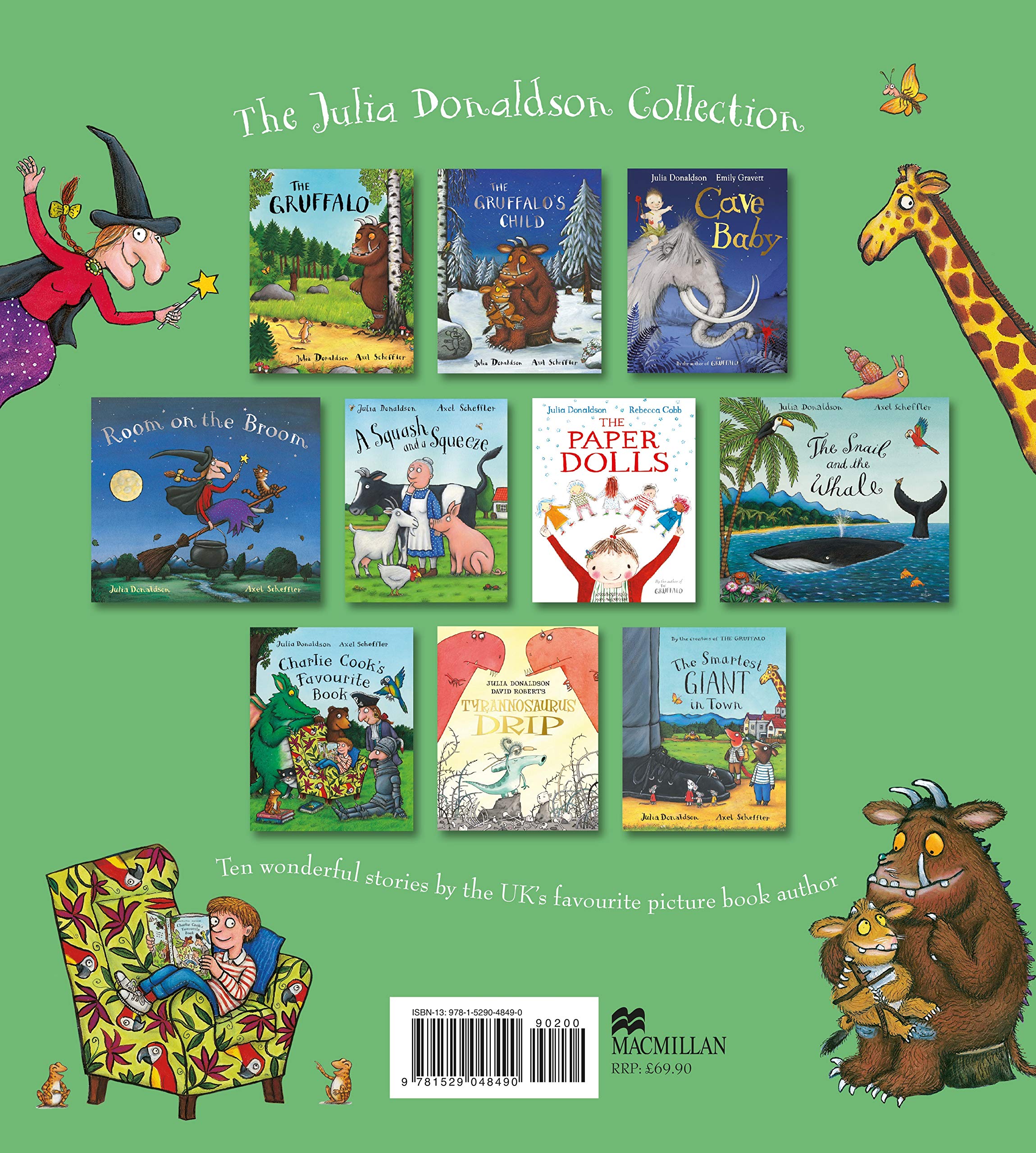 Close-up of the Julia Donaldson Collection paperback set packaging listing all 10 titles for children ages 3-7.