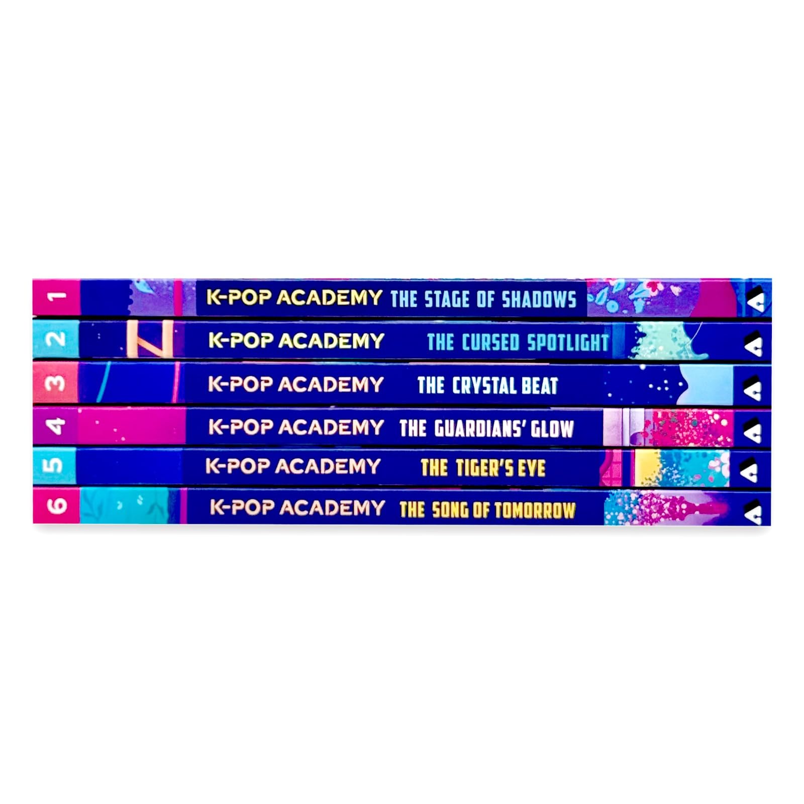 K-Pop Academy 6 Book Collection Set by Mina Finch - front covers of The Cursed Spotlight and Crystal Beat paperbacks