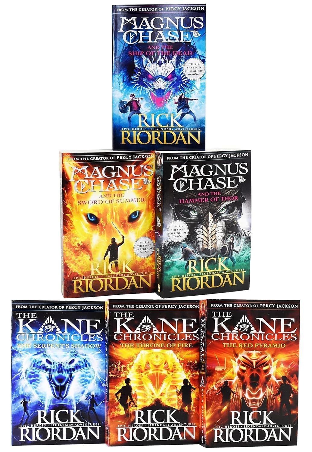 All six paperback books in the Kane Chronicles and Magnus Chase collection by Rick Riordan fanned out showing spines and covers