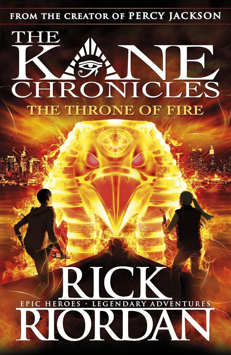 All seven paperback spines fanned out, showing The Red Pyramid through 9 From the Nine Worlds in the Kane Chronicles and Magnus Chase set.
