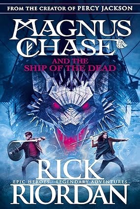 Angled shot of the full 7-book Rick Riordan paperback set displaying both series side by side on a shelf.
