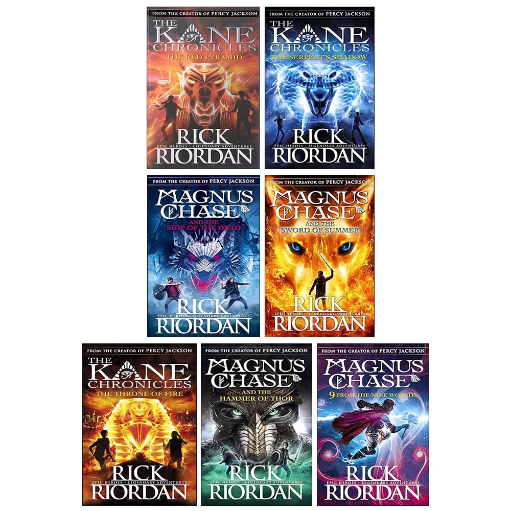 Front cover view of the Kane Chronicles and Magnus Chase 7-book paperback collection set by Rick Riordan for young adult readers.