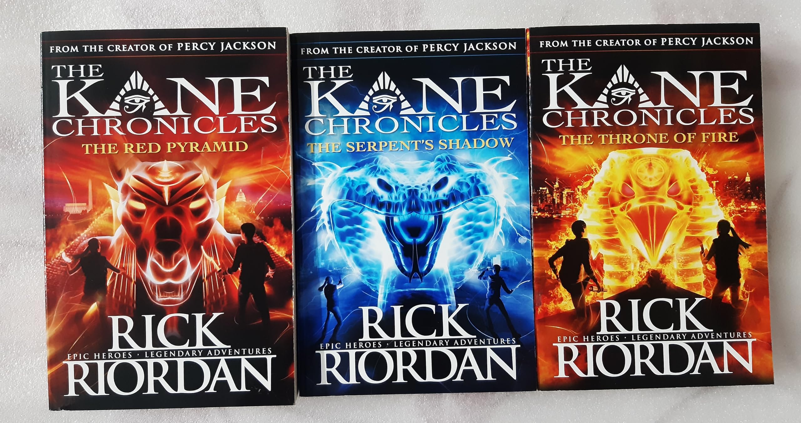 Back view of The Kane Chronicles paperback box set by Rick Riordan featuring Disney Hyperion branding and Egyptian mythology cover art for ages 8-12