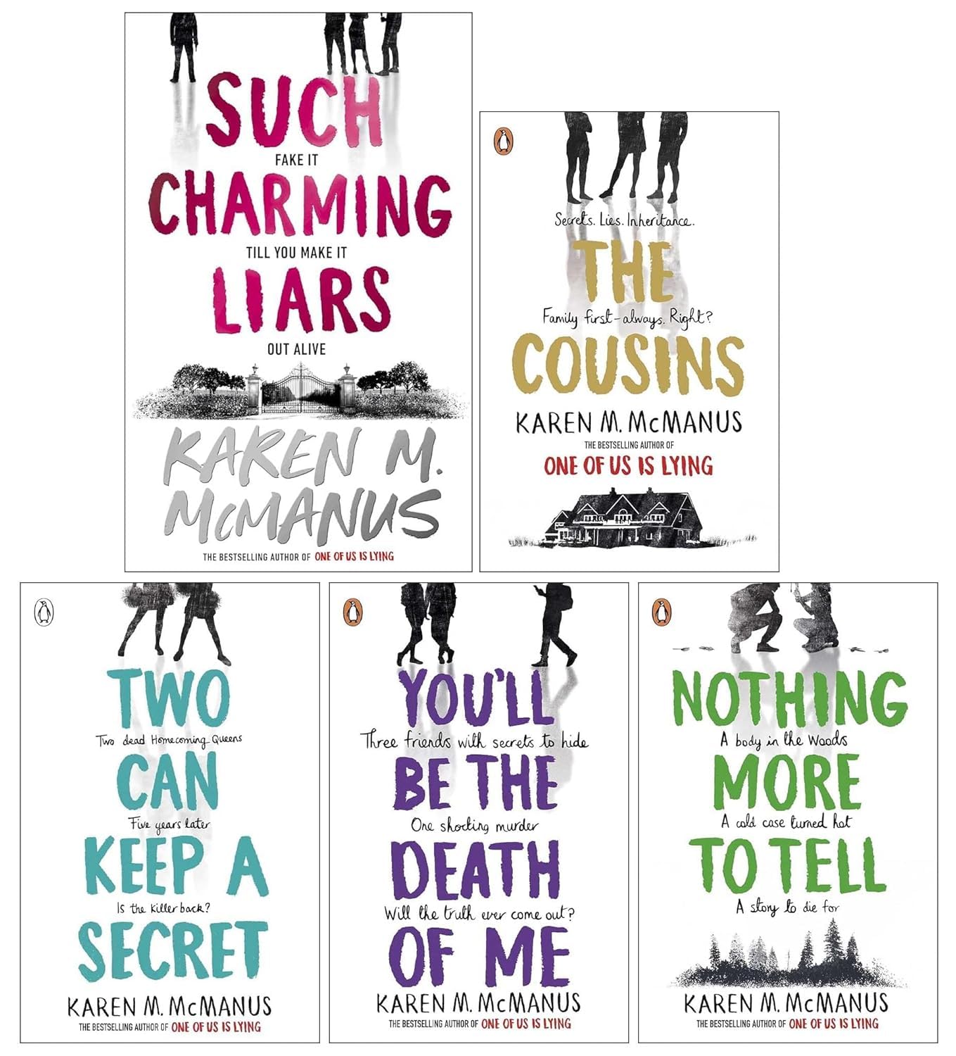 Karen M. McManus 5 Books Collection Set paperback front covers, including Such Charming Liars, Two Can Keep a Secret, The Cousins, You'll Be the Death of Me, and Nothing More to Tell