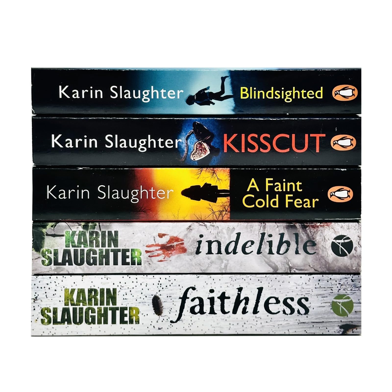 Karin Slaughter Will Trent and Grant County 9 Books Collection Set, paperback — close-up of Blindsighted and Kisscut paperback covers