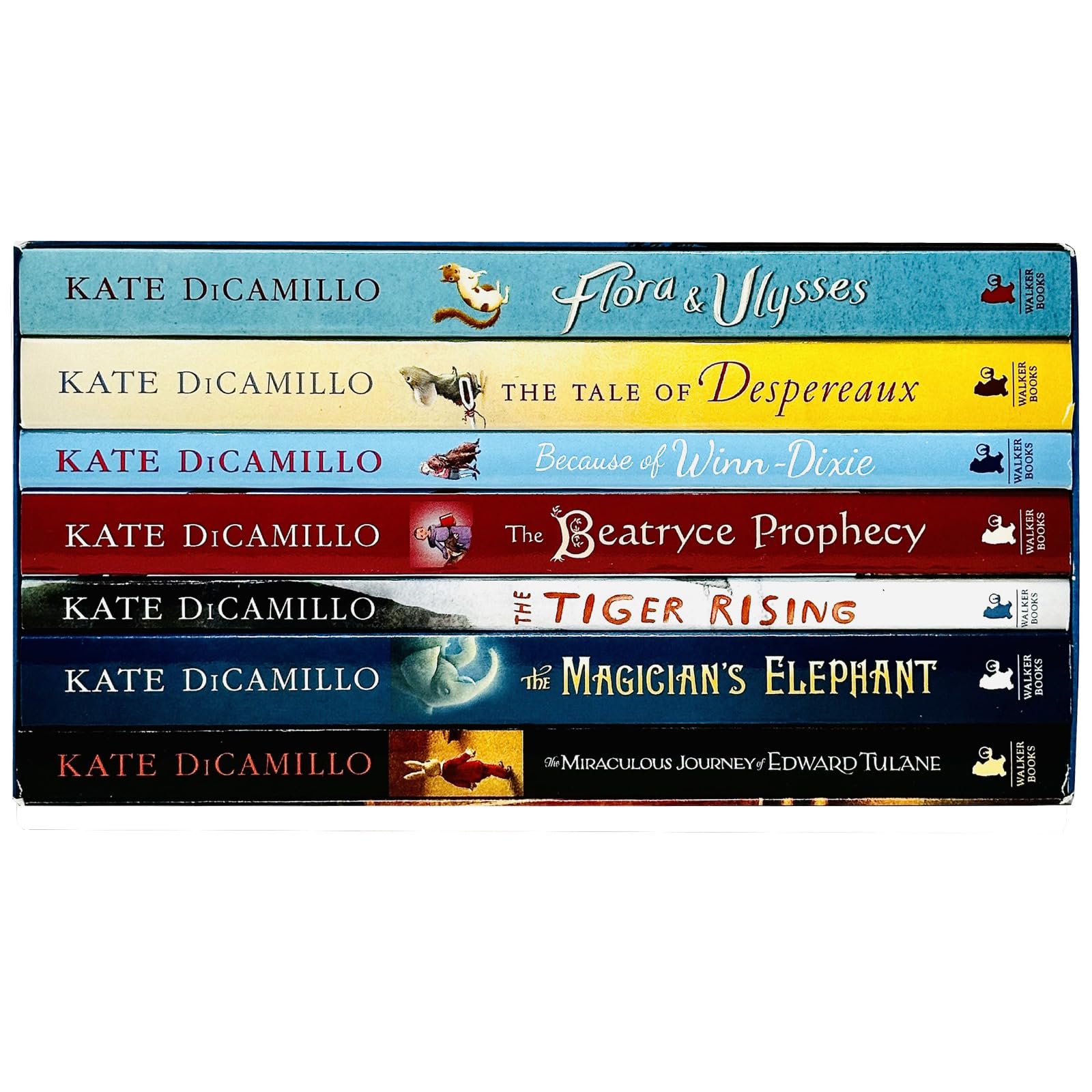 Kate DiCamillo 7 book paperback set displayed in a stacked arrangement, highlighting the colorful cover art of each individual novel.