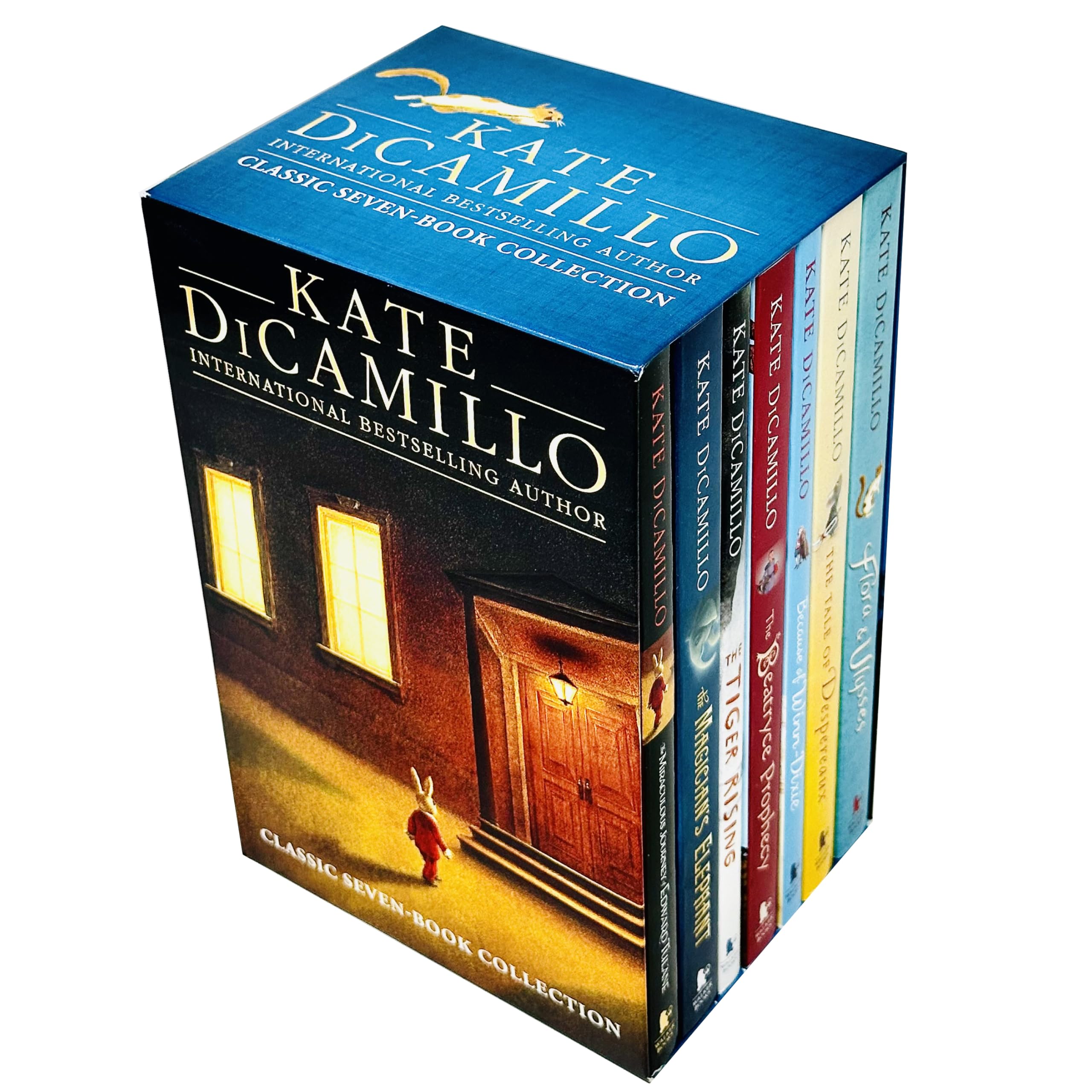 All seven paperback covers from the Kate DiCamillo collection fanned out, including Because of Winn-Dixie and The Tale of Despereaux.
