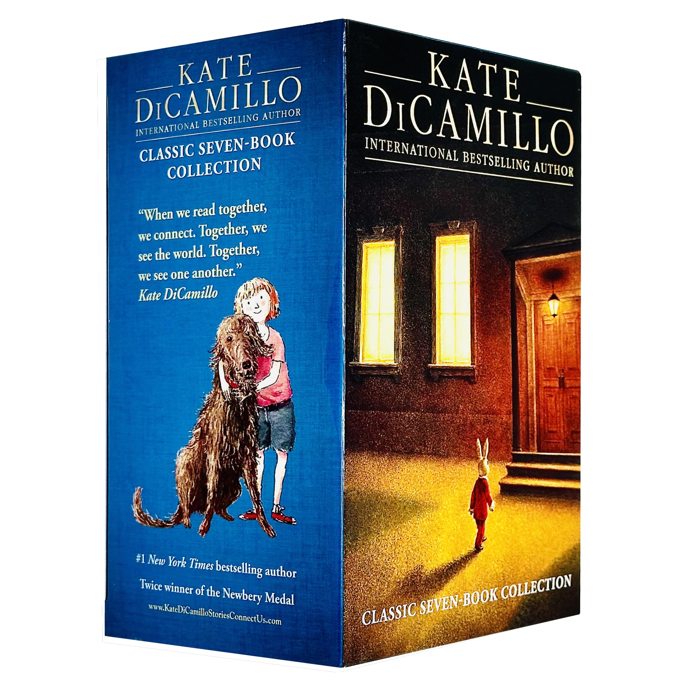 Close-up of The Miraculous Journey of Edward Tulane and The Magician's Elephant paperback covers from the Kate DiCamillo box set.