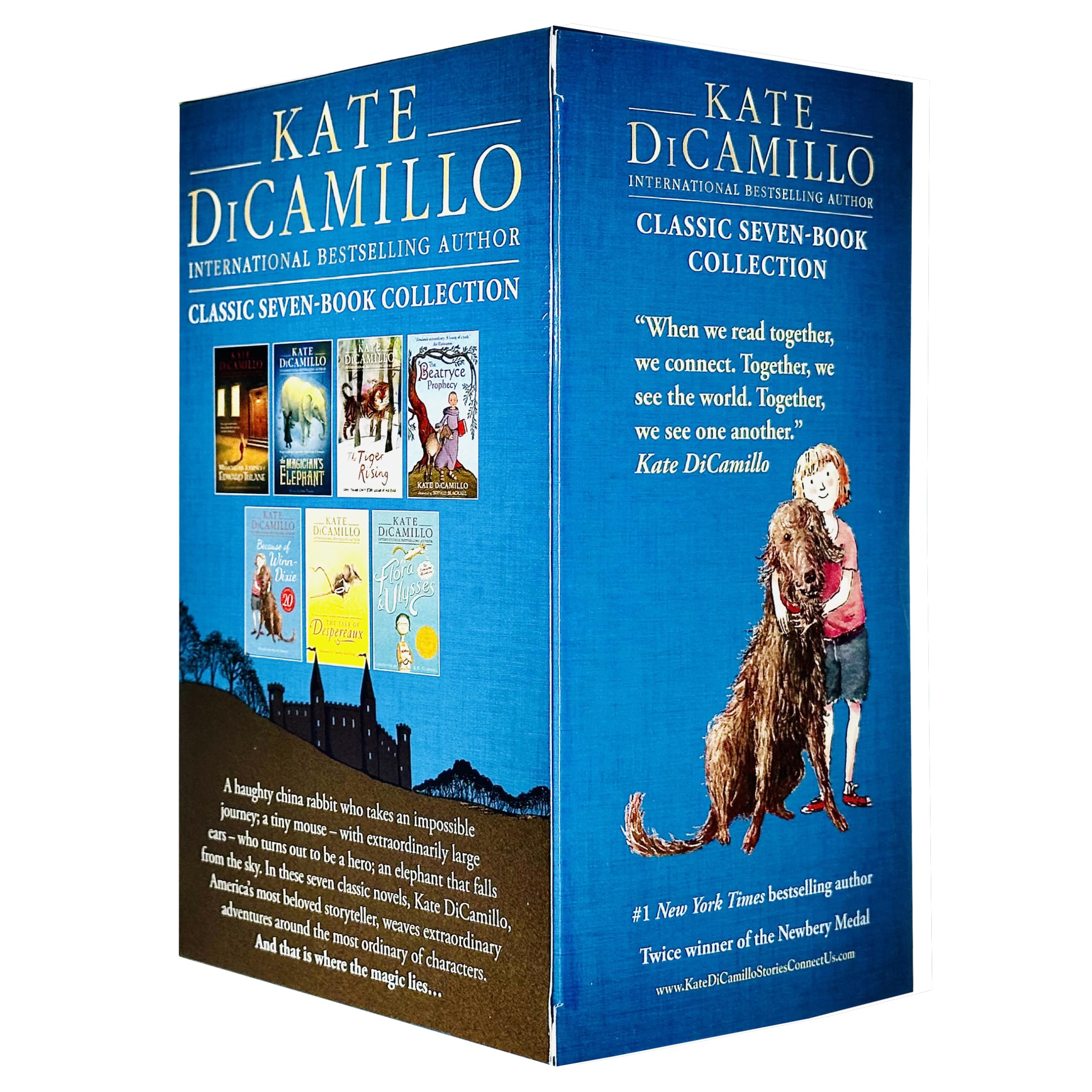 Back cover view of the Kate DiCamillo 7 books paperback collection, showing synopsis text and Walker Books publisher branding.