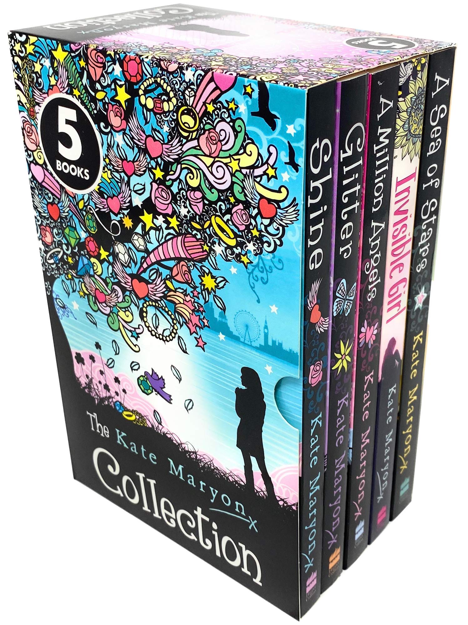 The Kate Maryon Collection 5 Books Box Set paperback front cover, featuring Shine, Glitter, A Million Angels, The Invisible Girl, and A Sea of Stars for ages 9-14