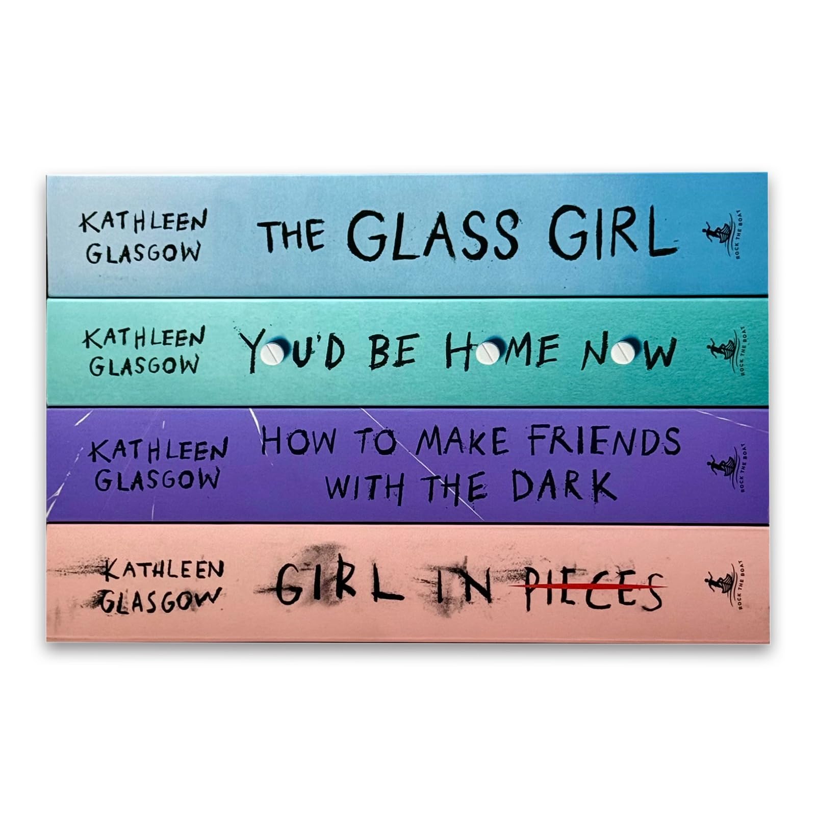 Close-up detail of one of the paperback covers in the Kathleen Glasgow 4 book young adult collection