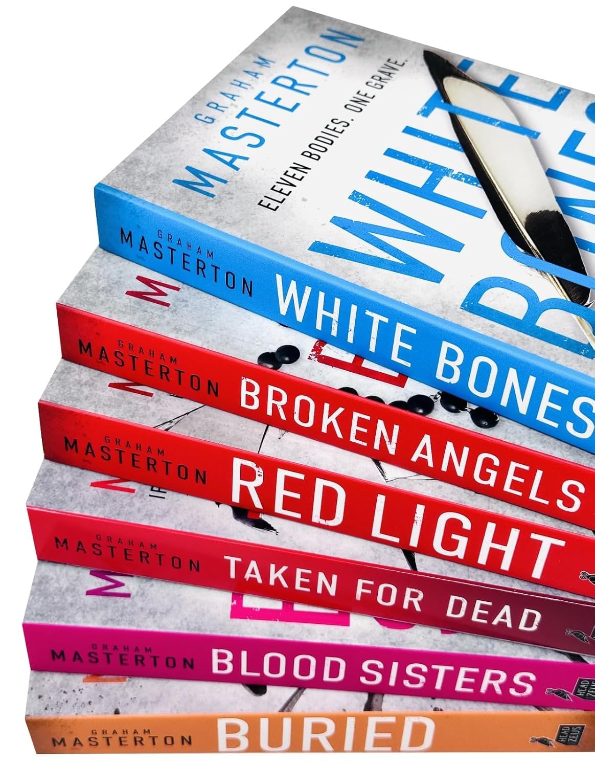 Katie Maguire 6-book set spines lined up, showing White Bones, Broken Angels, Red Light, Taken for Dead, Blood Sisters, and Buried
