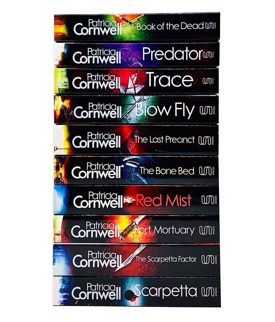 Alternate angle of the complete 10-book Kay Scarpetta paperback collection by Patricia Cornwell showing all spine and cover designs.