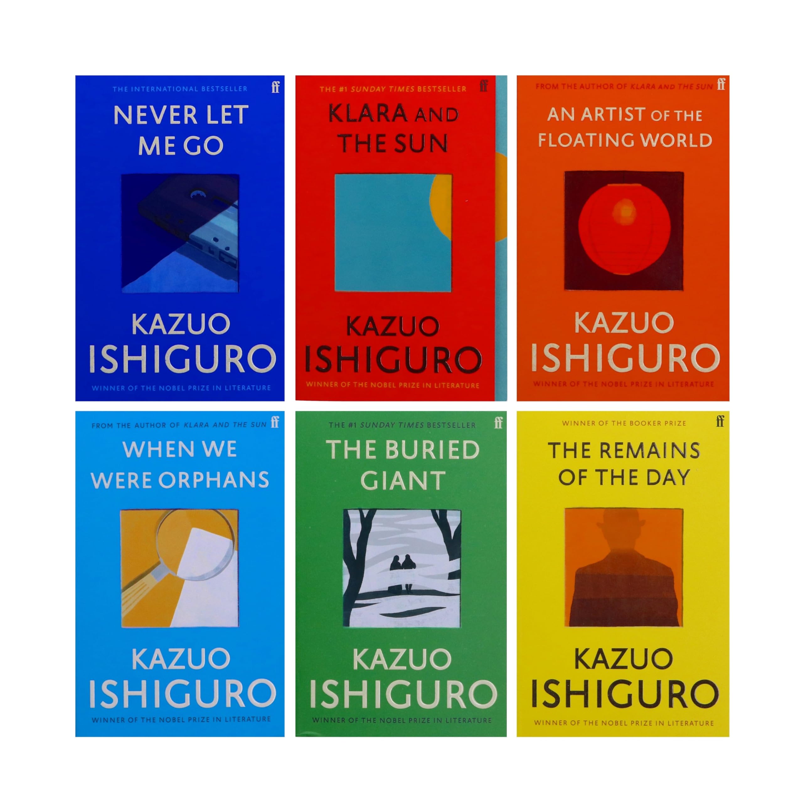 Kazuo Ishiguro 6 Books Collection Set paperback front cover, featuring The Remains of the Day, Never Let Me Go, Klara and the Sun, The Buried Giant, When We Were Orphans, and An Artist of the Floating World