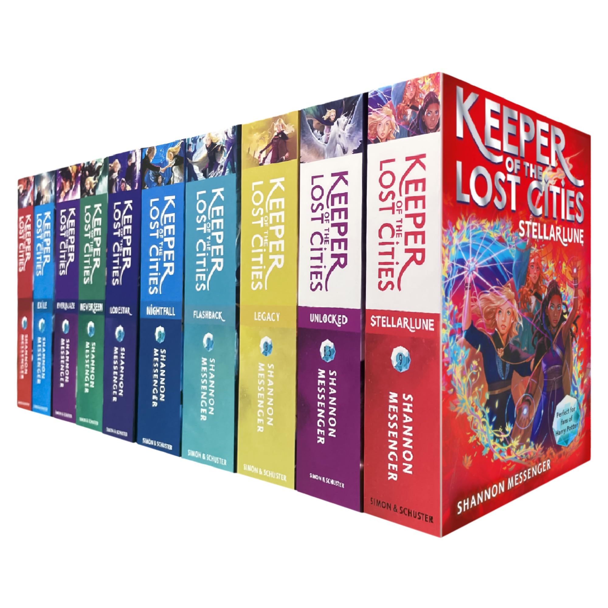 Keeper of the Lost Cities, Exile, Everblaze and more - full 10 paperback books fanned out showing all titles