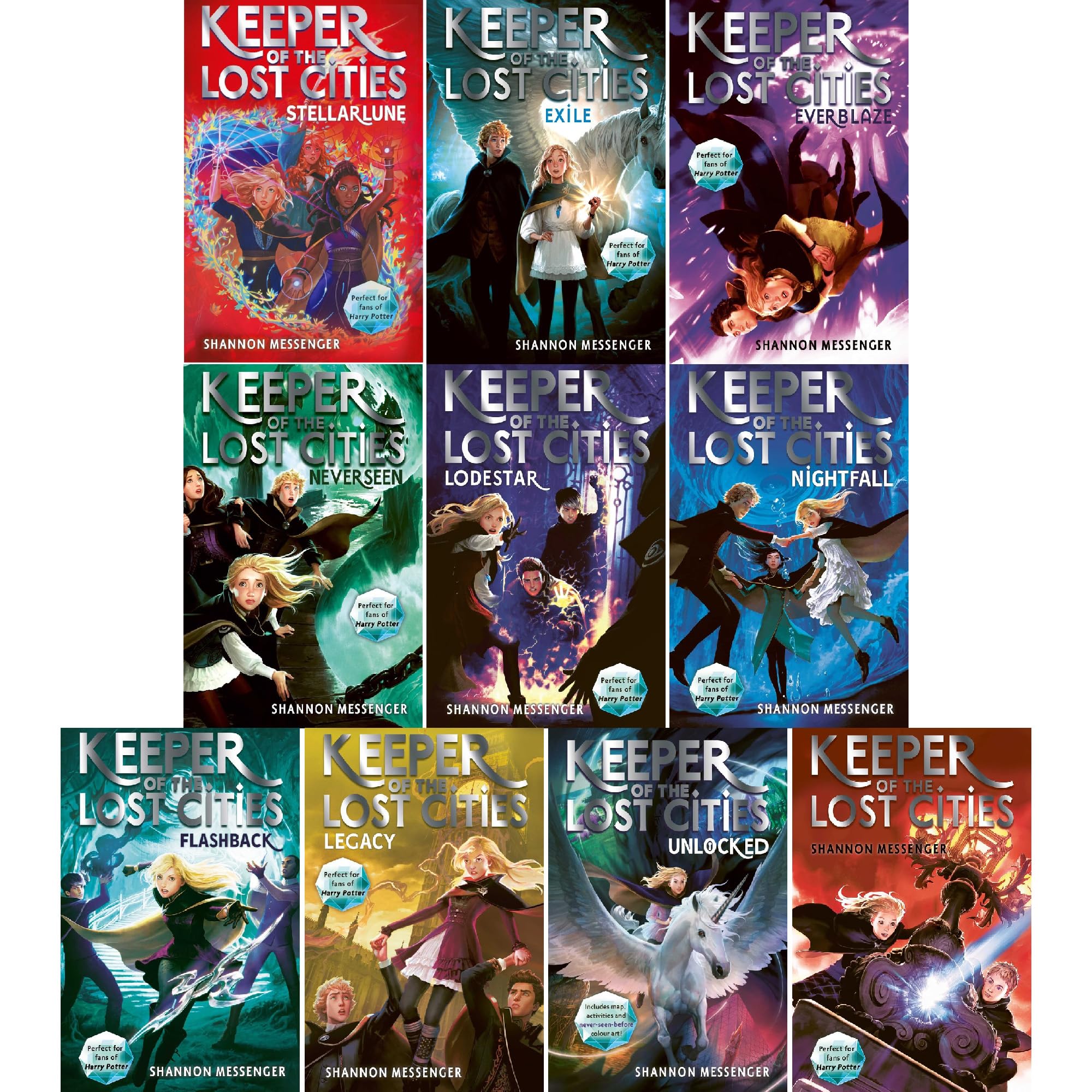 All ten Keeper of the Lost Cities paperback books by Shannon Messenger fanned out to show individual titles.