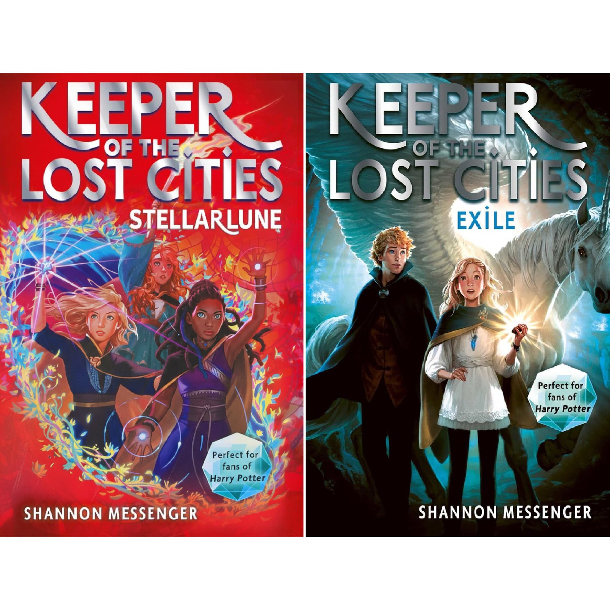 Close-up of the Keeper of the Lost Cities paperback book spines showing the full 10-book set by Shannon Messenger.