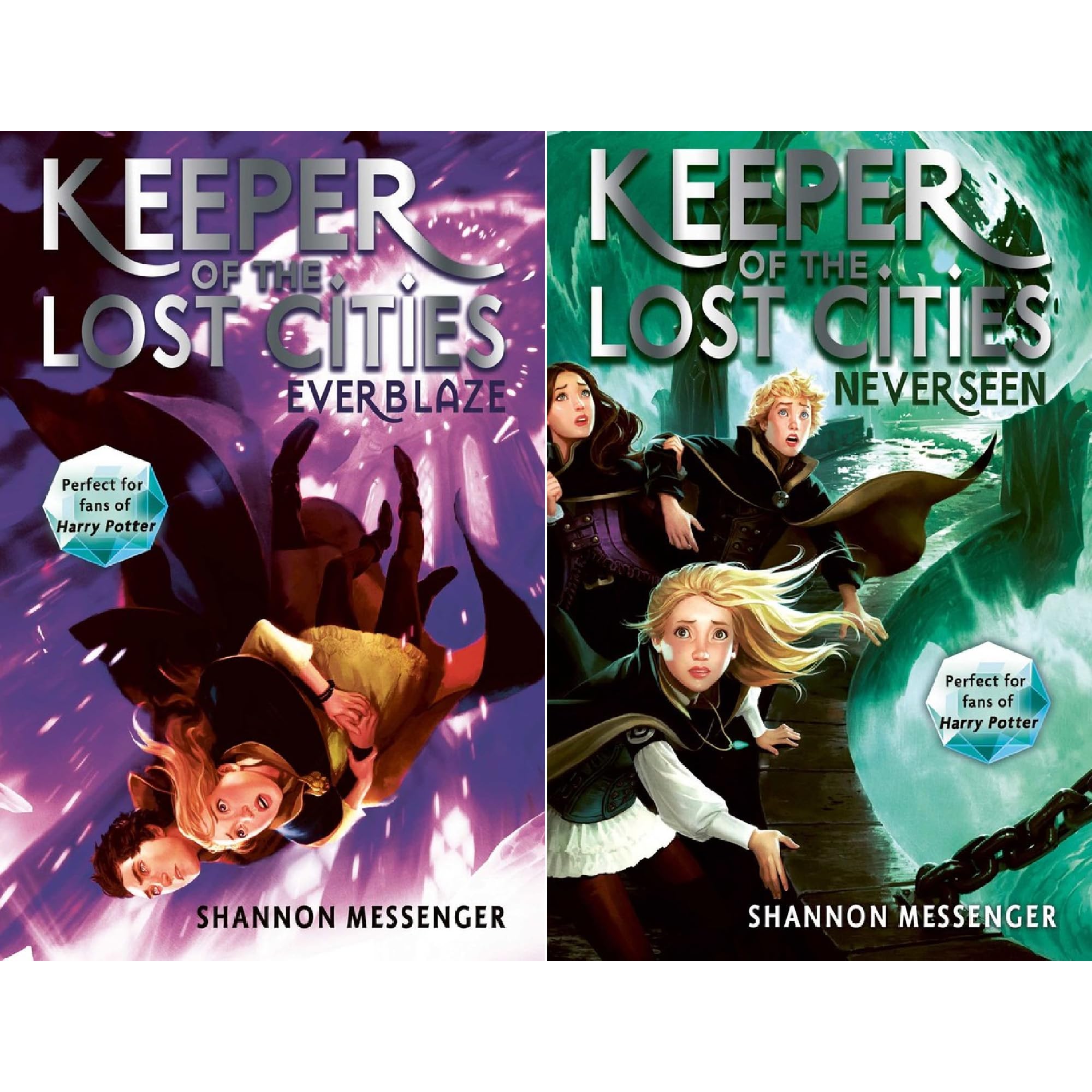 Everblaze, Neverseen, and Lodestar paperback covers from the Keeper of the Lost Cities series
