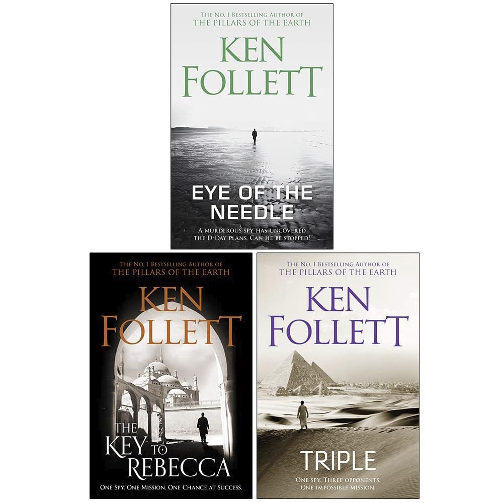 Ken Follett Collection 3 Books Set paperback front cover featuring Eye of the Needle, The Key to Rebecca, and Triple