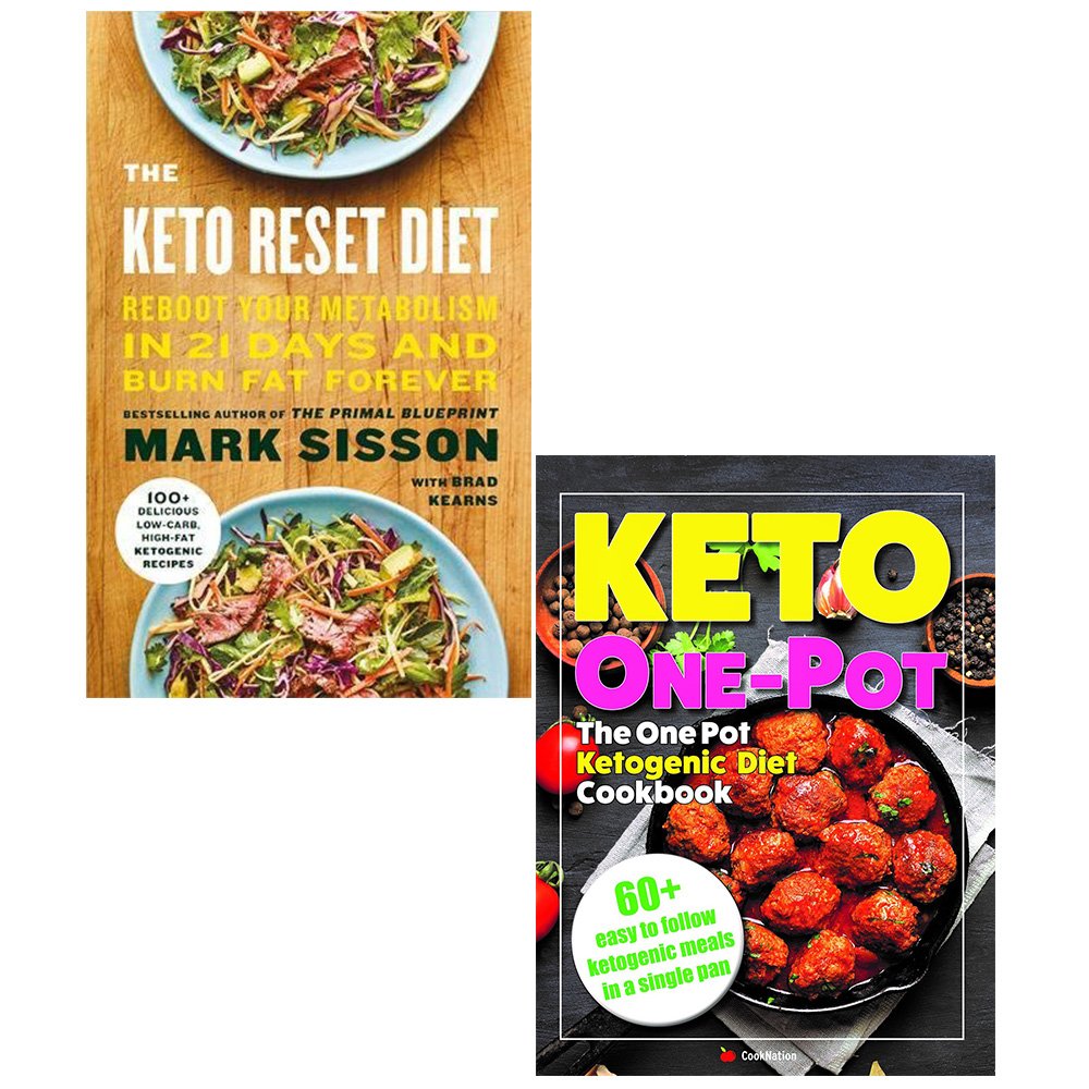 Front covers of the Keto Reset Diet and One Pot Ketogenic Diet Cookbook 2-book paperback set by Mark Sisson and CookNation