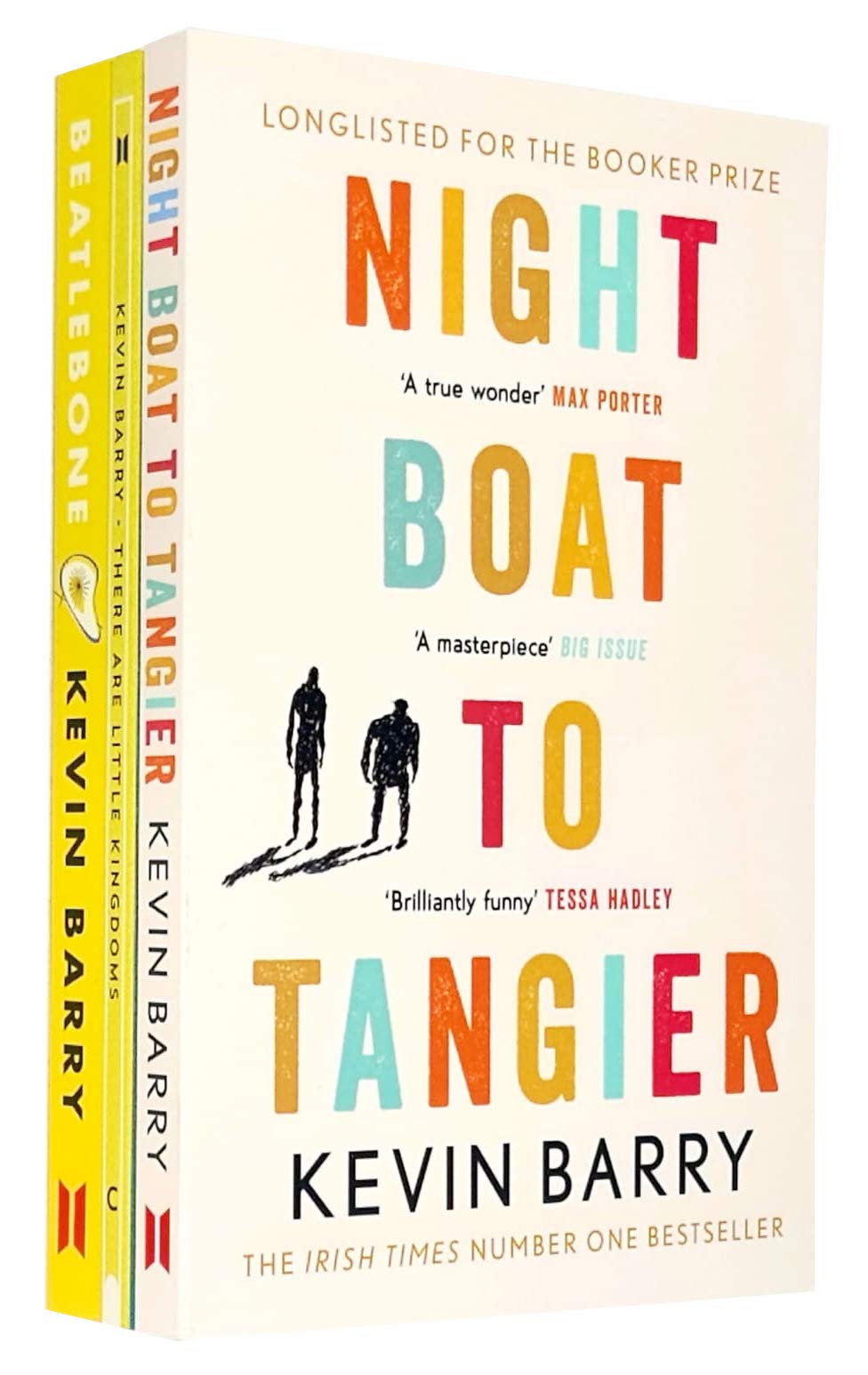 Front cover of the Kevin Barry Collection 3 Books Paperback Set featuring Night Boat to Tangier, There Are Little Kingdoms, and Beatlebone