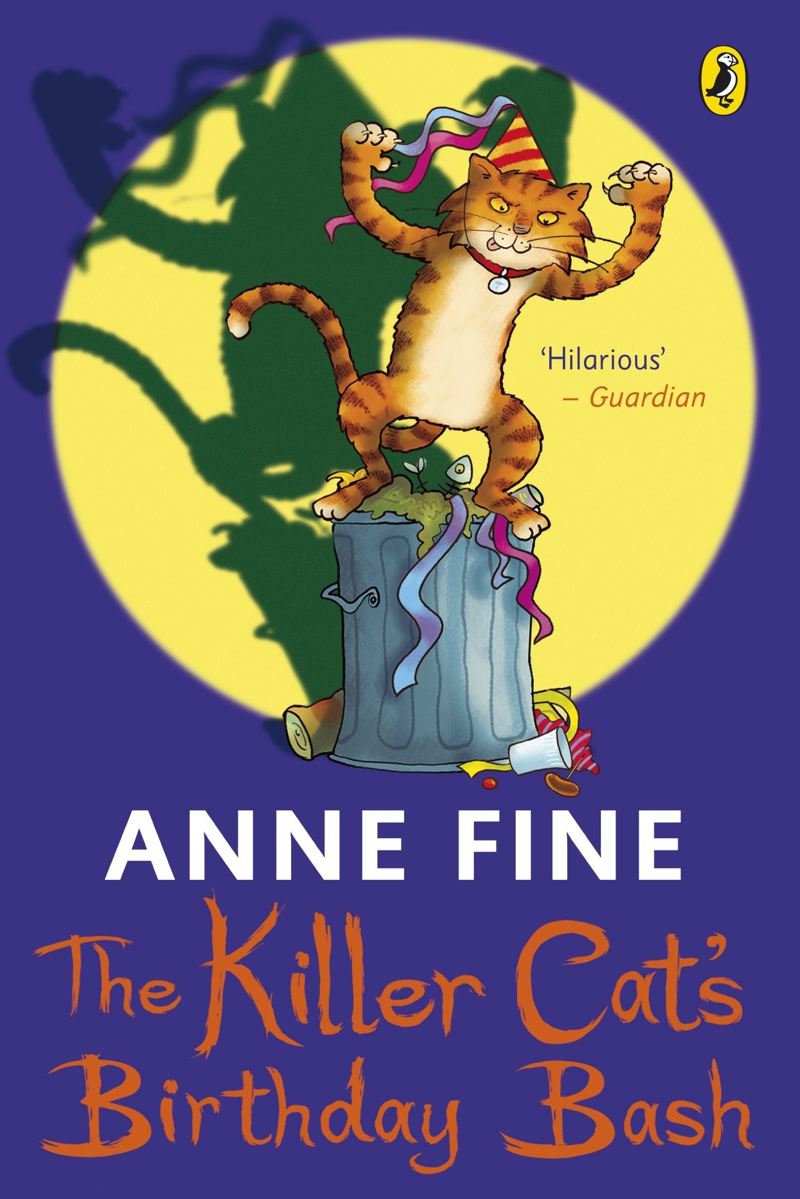 The six Killer Cat paperback books by Anne Fine stacked together to show spine widths and page thickness.