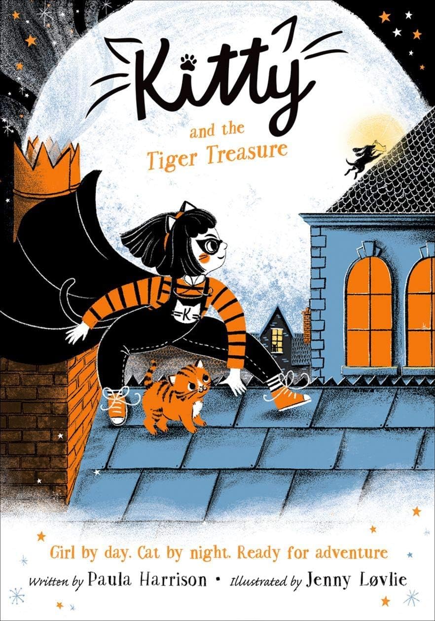 Kitty and the Moonlight Rescue and Kitty and the Tiger Treasure paperback covers close-up, Paula Harrison