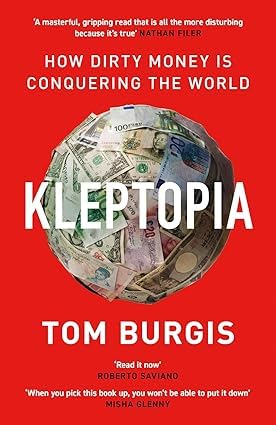 Close-up of the four paperback covers in the Kleptopia and Trump-era politics non fiction collection