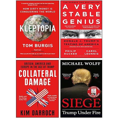 Front covers of the Kleptopia, Collateral Damage, A Very Stable Genius, and Siege 4-book non fiction paperback set