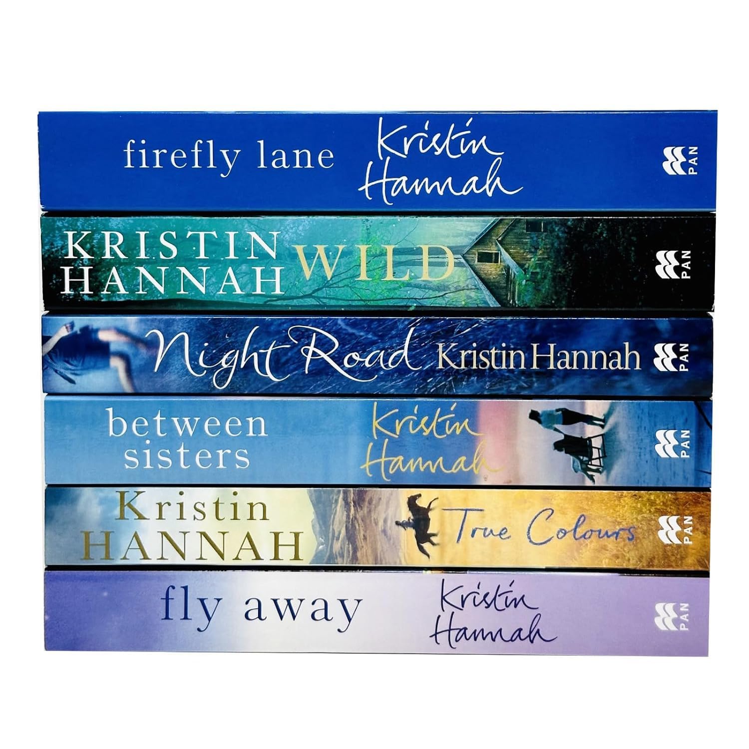 Back cover view of the Kristin Hannah paperback fiction collection with synopsis text visible on each book