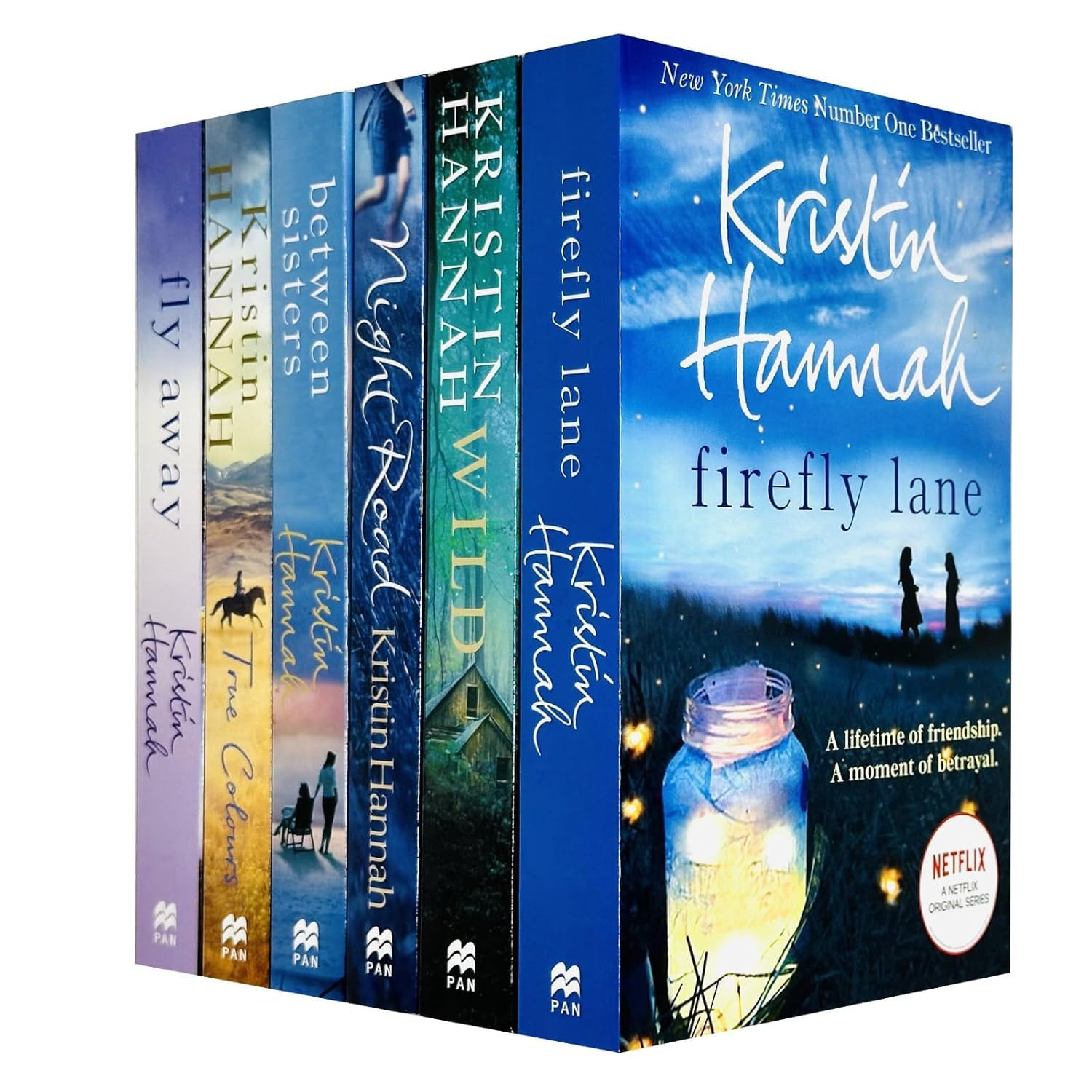 Front covers of the Kristin Hannah 6 books collection set, showing Firefly Lane, Fly Away, Night Road, Between Sisters, True Colors, and Wild paperbacks