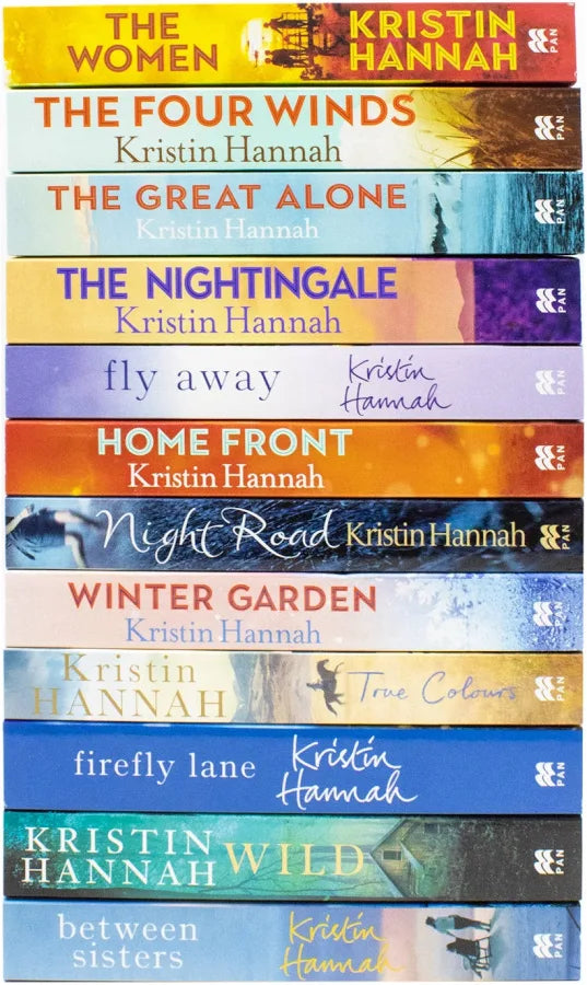 Kristin Hannah 12-book paperback collection arranged in a stack highlighting titles like Firefly Lane and Winter Garden