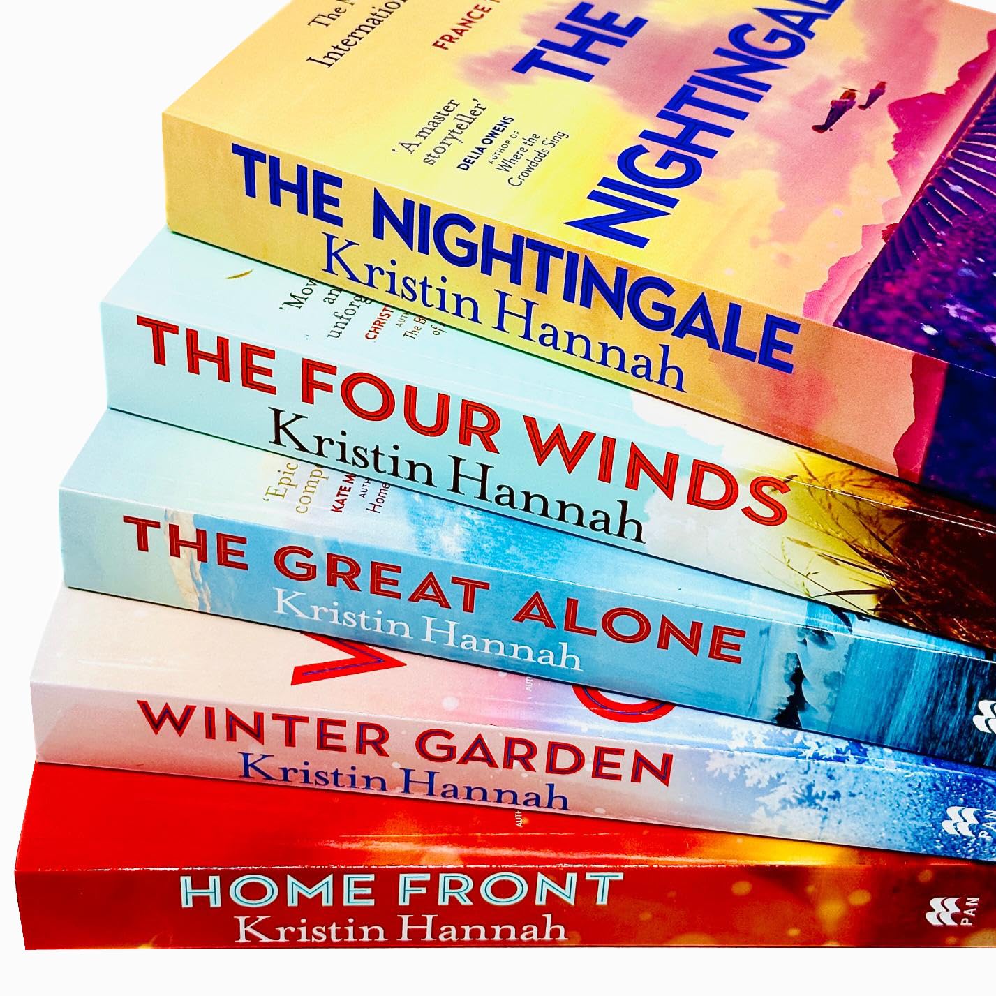 The five Kristin Hannah paperback novels stacked together, displaying spine titles and cover art