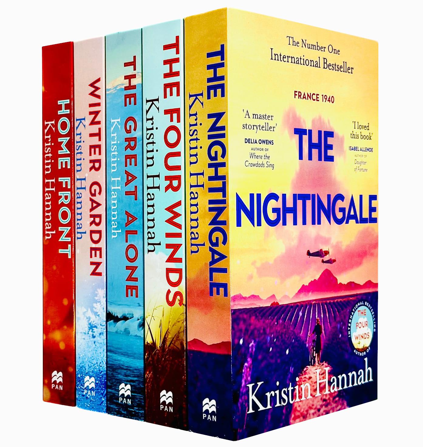 Front cover view of the Kristin Hannah Collection 5-book paperback set, showing all five novel covers fanned together