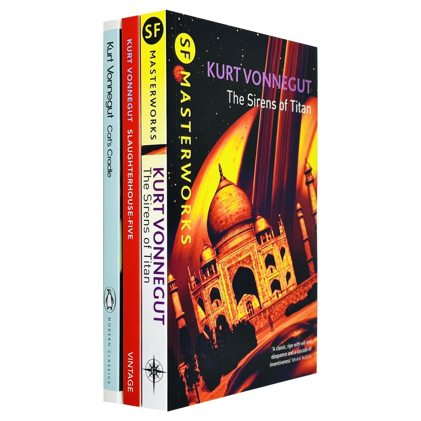 Angled close-up of the Kurt Vonnegut paperback collection set covers