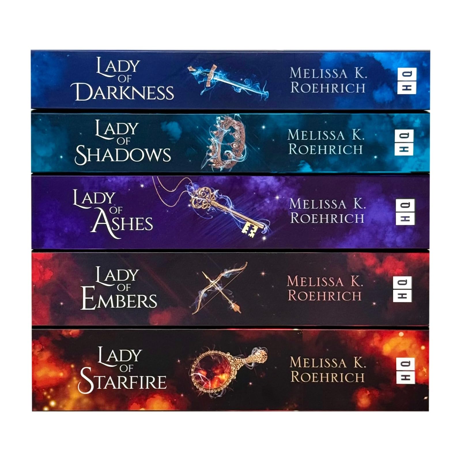 Close-up of the dark fantasy cover art across the Lady of Darkness paperback set by Melissa K. Roehrich.