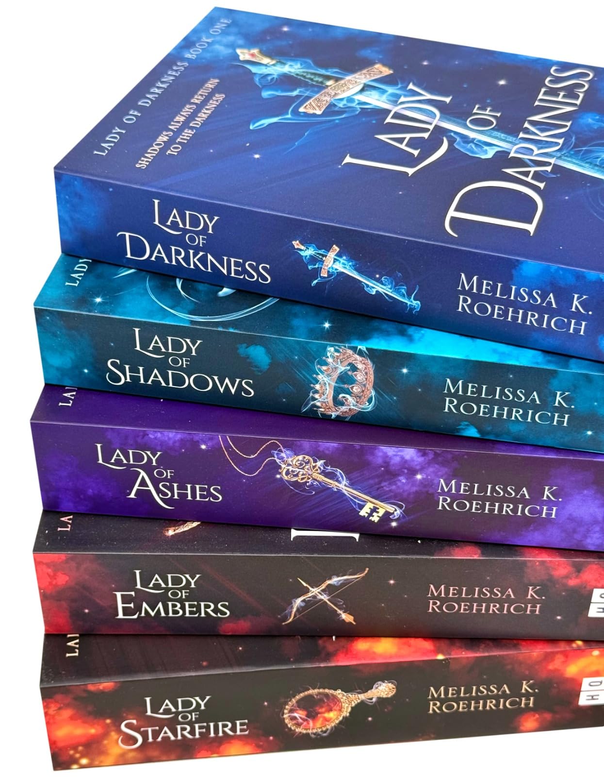 Lady of Darkness, Lady of Shadows, Lady of Ashes, Lady of Embers, and Lady of Starfire paperbacks arranged to show each cover design.