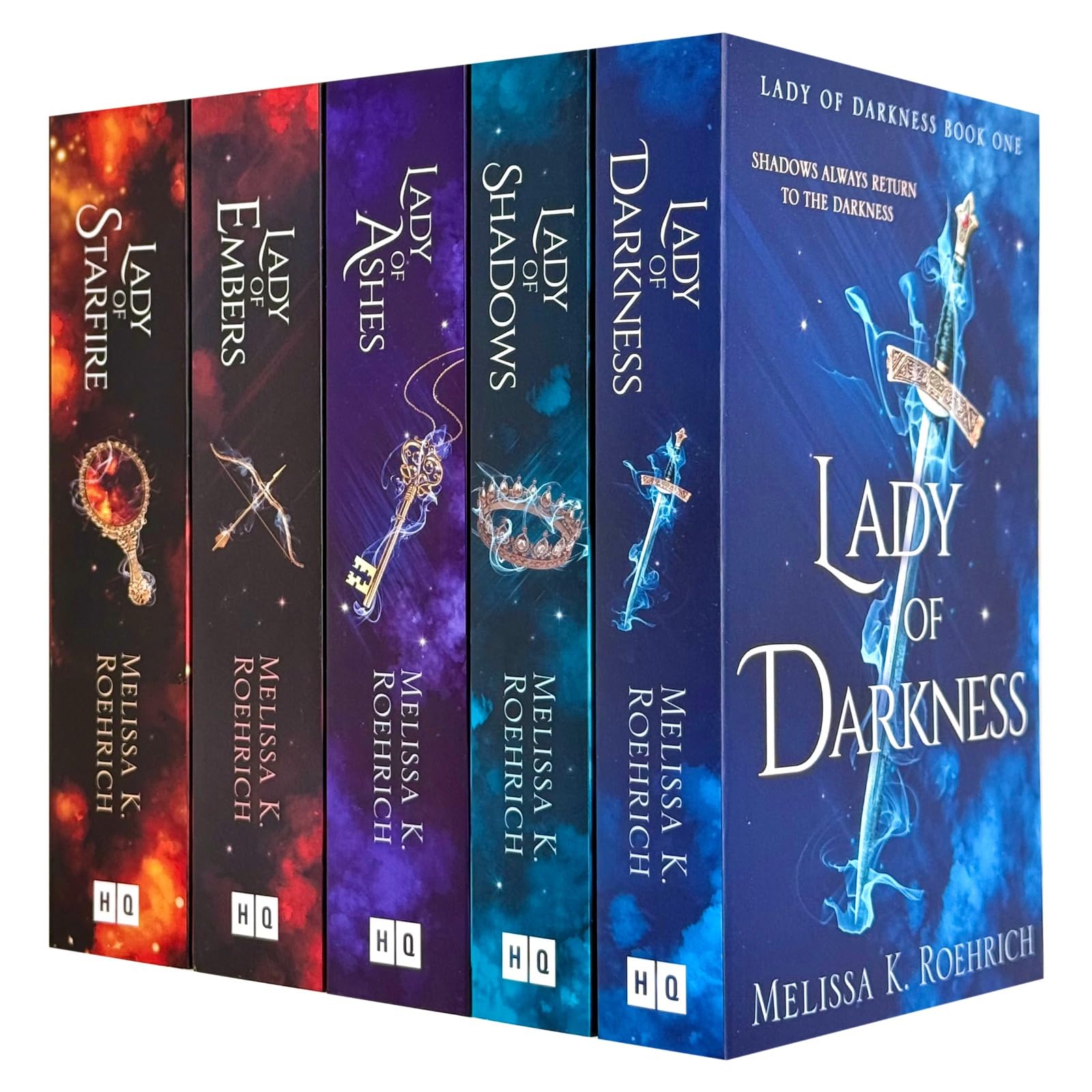 All five paperback books in the Lady of Darkness series by Melissa K. Roehrich laid flat together, showing front covers side by side.