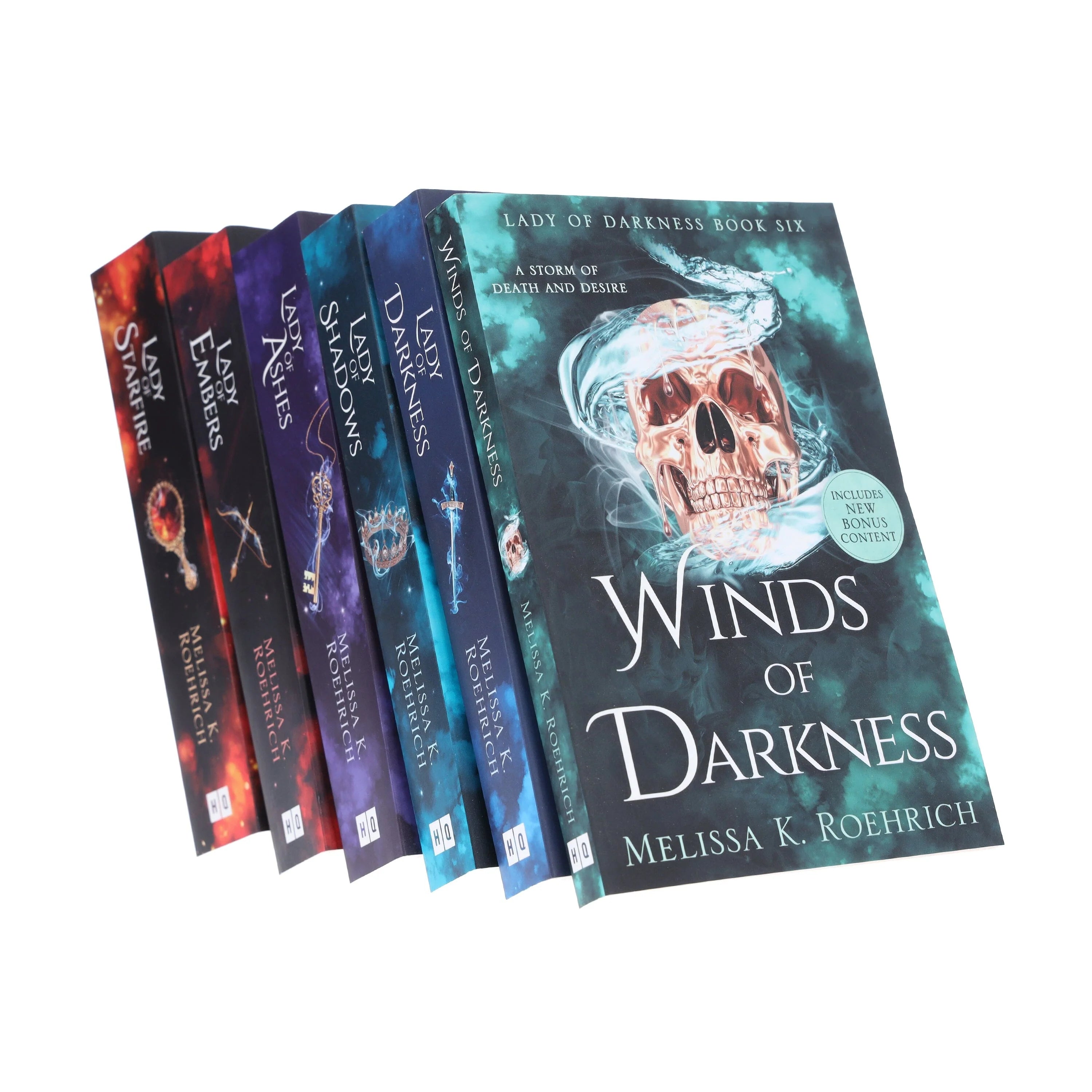 Close-up of the Lady of Darkness paperback covers showing the dark fantasy romance cover art detail.