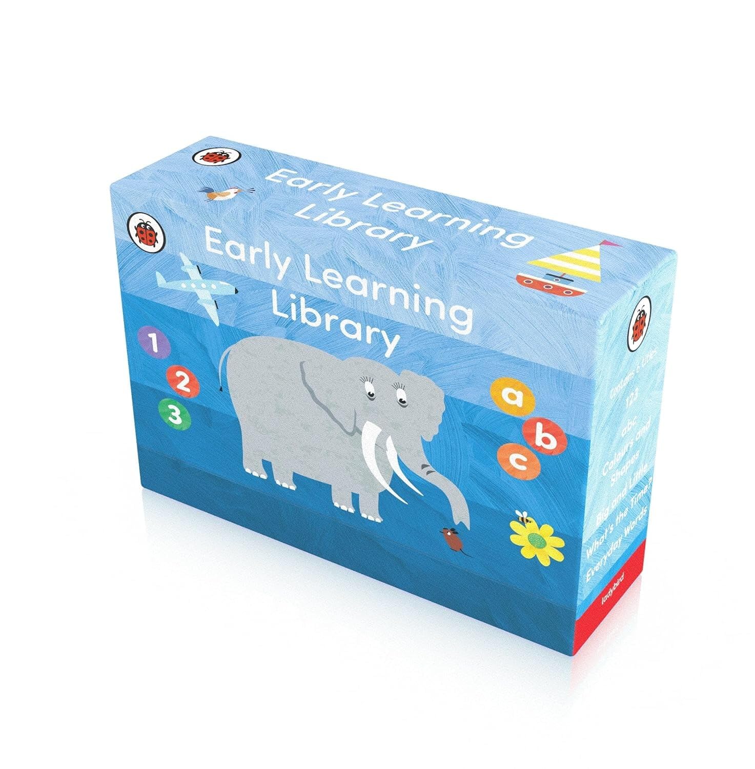 Ladybird Early Learning Library 6 Books Tuck-Box set front cover showing ABC, 123, Colours and Shapes, Everyday Words, Big and Little, and What's the Time? paperback books for ages 2-4