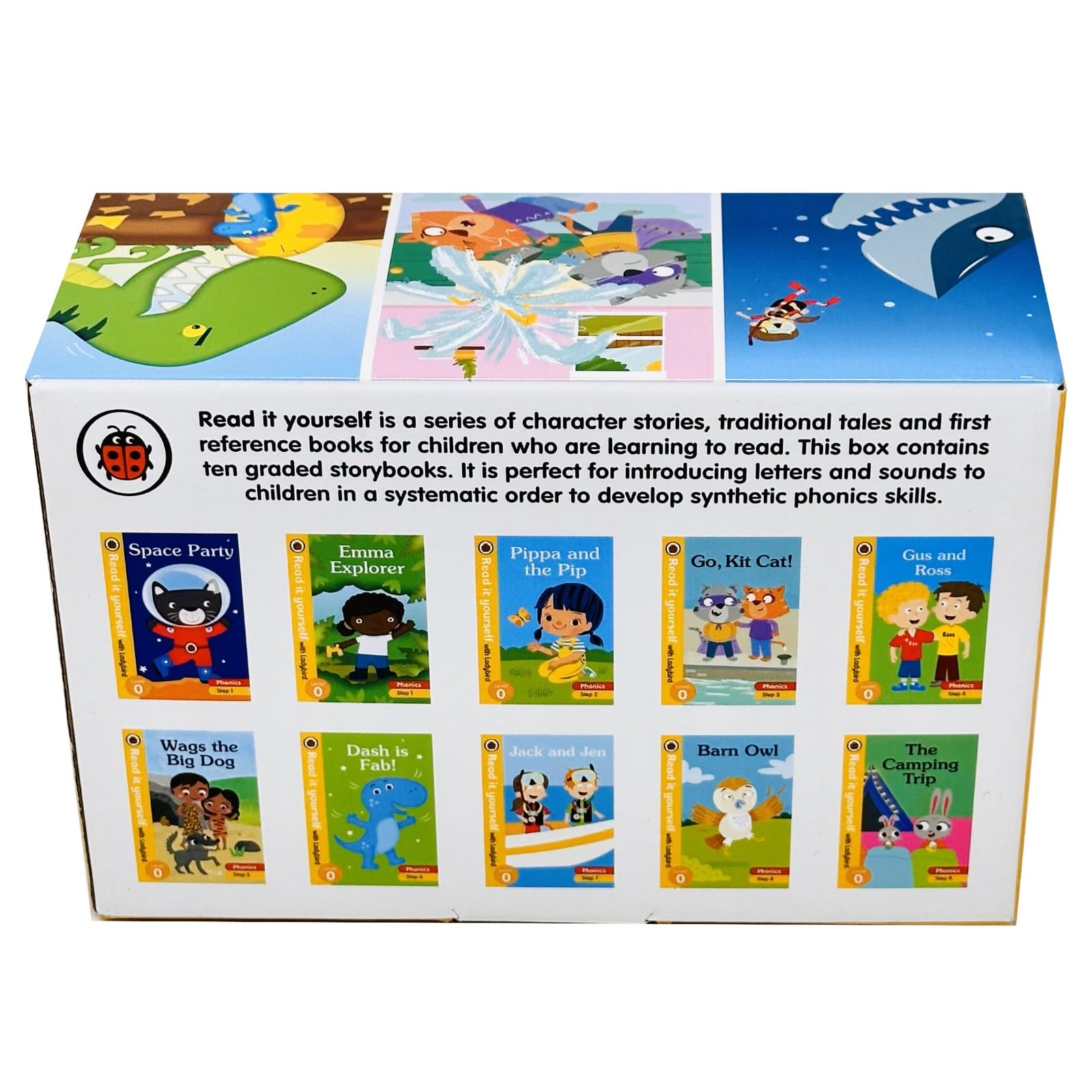 Back of the Ladybird Read It Yourself Level 0 Tuck Box showing the ten storybook titles included